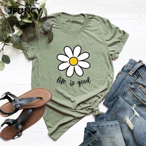 JFUNCY Plus Size S-5XL Casual T Shirt Cute Flowers Print T-Shirt 100% Cotton Woman TShirts Short Sleeve Tees Summer Tops