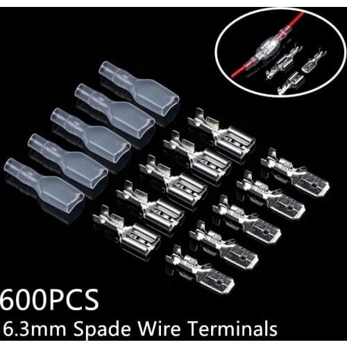 600PCS 6.3mm Spade Crimp Terminals Seal Female&Male Electrical Wire Connectors Crimping Terminal Connector Set
