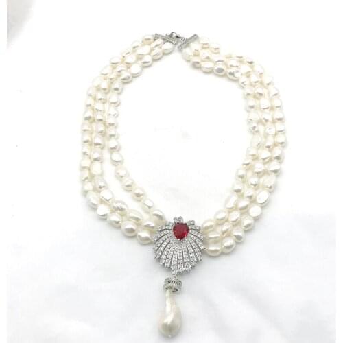 Handmade 3 Layers Freshwater Pearls Beads Sweater Necklace