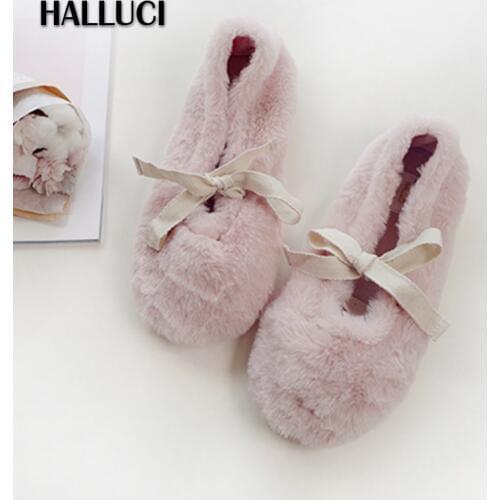 Short plush home flats shoes slippers woman Winter warm Korean sweet pink Bedroom non-slip indoor velvet women flat loafers