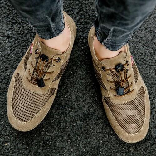 ZSAUAN Men Summer Breathable Loafers Outdoor Flats Pig Leather & Mesh Male Lace-up Shoes Perspiration Moccasins Anti-skid 2021