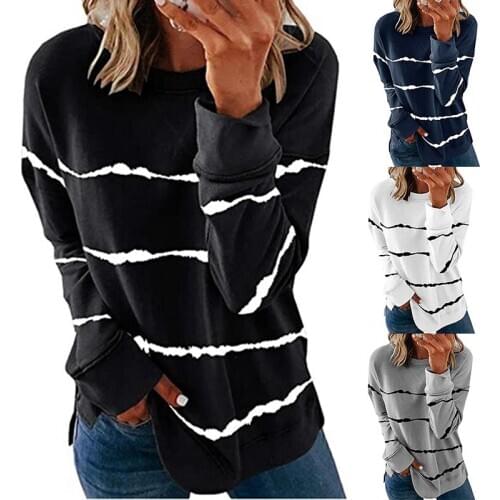 2020 New Tie-dye Printed Striped O Neck Loose Long Sleeved Women T Shirt For Autumn And Winter Multicolor Printing Wholesale