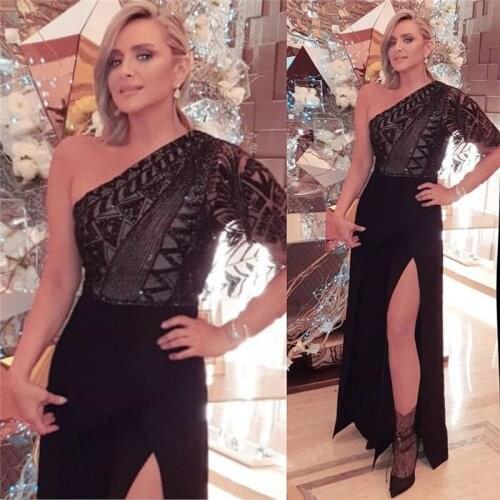 New Arrival Black Short Sleeve One Shoulder Sequin Split Maxi Long Dress Evening Party Dress