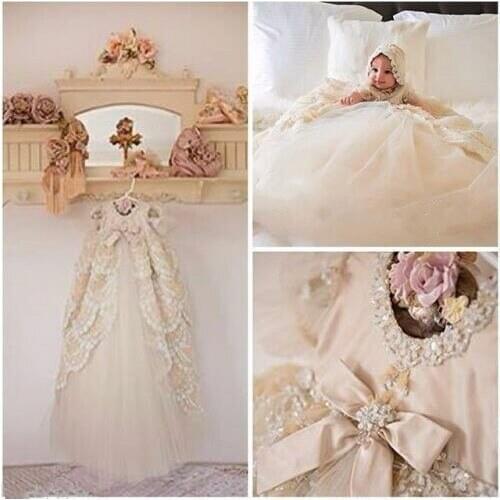 Newborn Vintage Luxury Elegant Lace Christening Champagne Baby Toddler Christening Gown Baptism Dress Kids Birthday Custom
