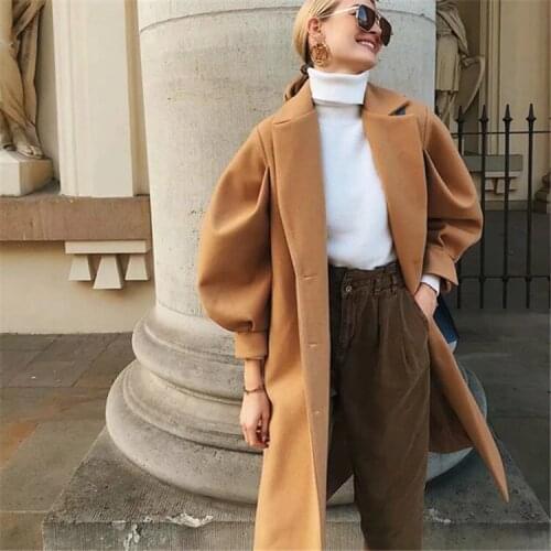 New Retro Camel Color Bubble Sleeve Belt Waist Long Woolen Winter Coat For Women