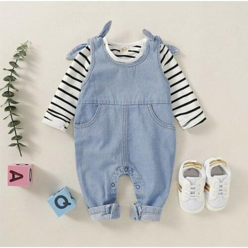 Newborn Infant Toddler Baby Girl Long Sleeve Striped T-shirt Denim Bib Strap Pants Overalls Outfit Clothes 0-18M