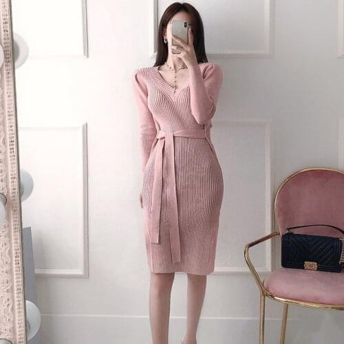 Autumn Knitting Dress Women Long Sleeve Sexy V-neck Knitted Lace Up Waist Good Elastic Elegant Korean Casual Lady Vestido Pink
