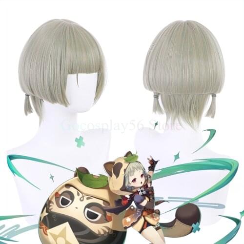 Genshin Impact Sayu Cosplay Wig Short Grey Green Heat Resistant Hair Halloween Anime Role Play