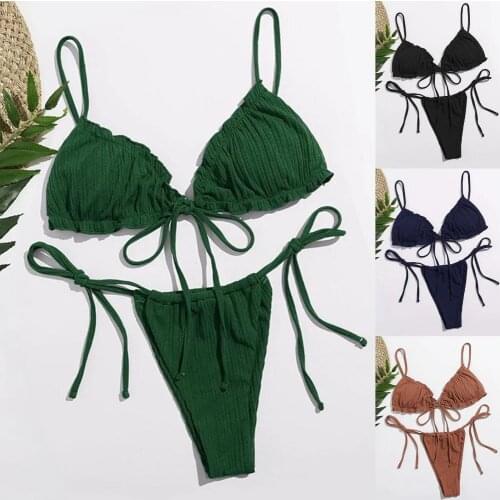 Sexy Women Swimsuit Skin-friendly Wireless Spaghetti Strap Bandage Two Piece Solid Color Backless Triangular Bikini for Beach