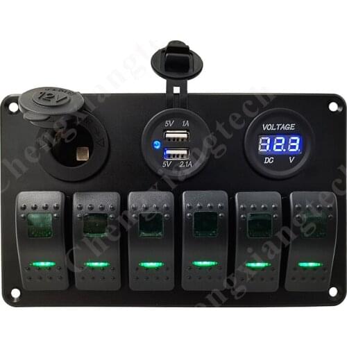 Pre-Wired Aluminum 6 Gang Green Led Rocker Switch Panel + Blue Led Dual USB Voltmeter Power Cigarette Lighter Sockets Car Boat