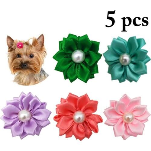 5 Pcs/Set Pet Dog Hair Bows Hair Band Creative Puppies Kittens Bowknot Hair Clip With Flower Fake Pearl Decor Dogs Accessories