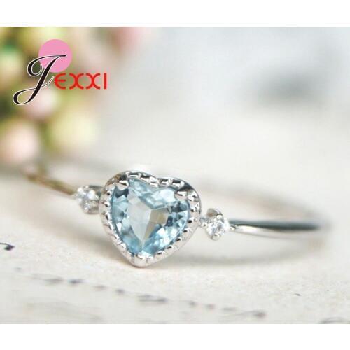 Romantic Ocean Blue Austrian Crystal Excellent Cutting Heart Charm Rings Simple Original 925 Sterling Silver Band for Lover Gift