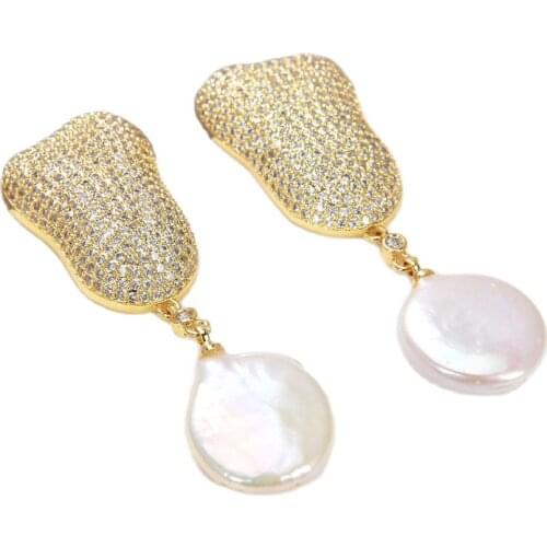 JK White Coin Pearl Yellow Gold Plated Clear Cz Micro Pave Drop Earrings