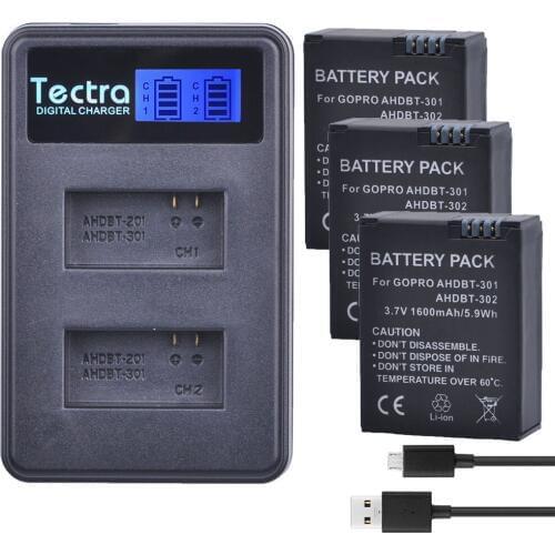 Tectra 3Pcs 3.7V/1600mAh AHDBT-301 AHDBT 301 Go Pro Hero3 Li-ion Battery + LCD USB Dual Charger for GoPro Hero3 Hero3+ Camera