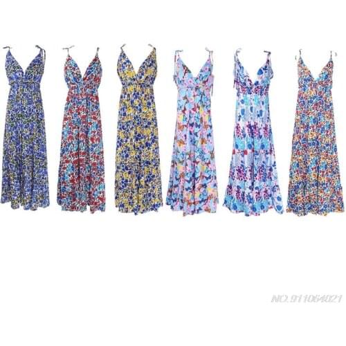 Women Boho Floral Maxi Dress Party Strappy Spaghetti Strap Summer Beach Holiday Sling Sundress Plus Size Dresses S-5XL Wholesale