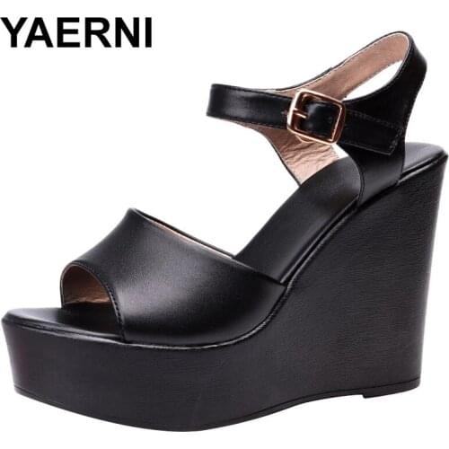 YAERNI New Black White Cowhide Summer Leather Slippers Increase Shoes Woman Sandals Large Size Wedges High Heel Shoe 6 / 8 / 11
