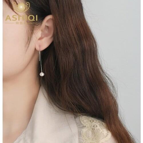 ASHIQI 925 Sterling Silver Natural Freshwater Pearl Long Earrings Fashion Jewelry For Women