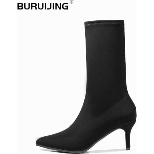 Fashion Mid-Calf Elastic Boots Women 2020 Pointed Toe Thin Heel Black Boots Stretch Women Spring Autumn Shoes