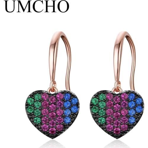 UMCHO 925 Sterling Silver Earrings Colorful Gemstone Heart Drop Earrings For Girls Women Valentines Day Gift Fine Jewelry