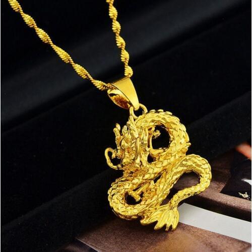 Pure Gold Color Necklaces for Women Wedding Bridal Jewelry Dragon Pendant Necklace Collier 18inch Waterwave Chain Choker Bijoux