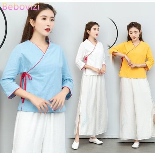Cotton Linen Yellow Blue White Hanfu Sets Kung Fu Chinese Suit Women Traditional Tang Han Fu Tops + Wide Leg Pants Yoga Clothes