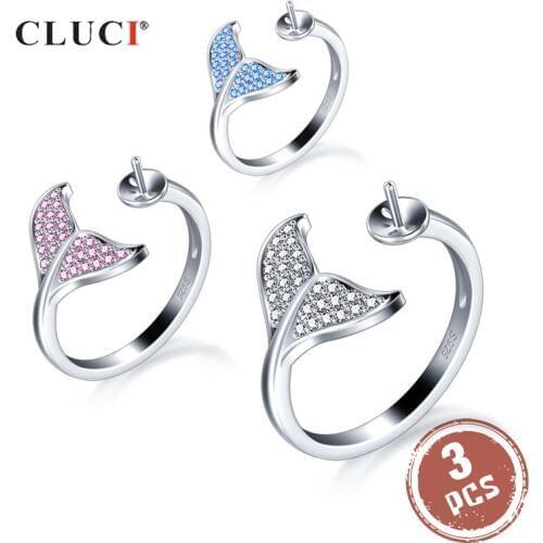 CLUCI 3pcs Silver 925 Zircon Rings for Women Adjustable Pearl Ring Mounting 925 Sterling Silver Whale Tail Shaped Ring SR2233SB