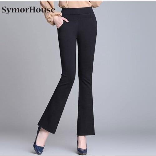Korean Fashion Womens Pants Straight Black Flare Pants Office Lady Black High Waist Suit Pants Female Ankle Length Trousers