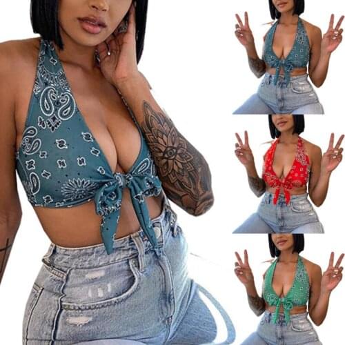 Women Halter Crop Tank Tops, Sexy Deep V Neck Sleeveless Backless Paisley Print Tie Knot Camisole Culb Wear