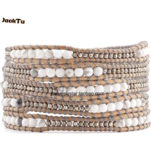 Laser stone mix howlite beads leather bracelet women and men