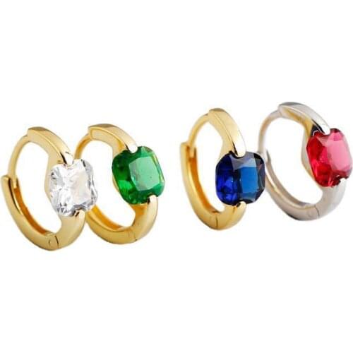 925 Sterling Silver Square Colored Zircon Small Hoop Earrings For Men Women Simple Fashion Circle Earrings Wholesale