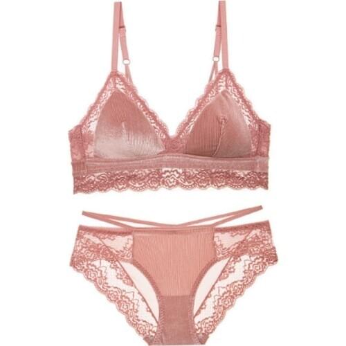 Sexy Velvet Lace Bra Set Women Triangle Cup Bralette with Panties Ladies Lingerie Underwear French Style Thin Bra and Lace Brief