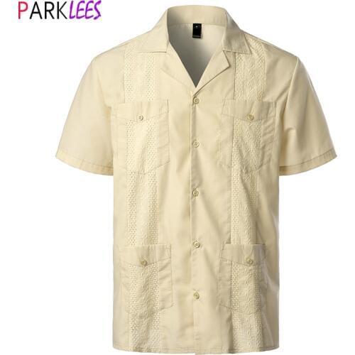 Mens Traditional Cuban Camp Collar Guayabera Shirt Short Sleeve Embroidered Mexican Caribbean Style Beach Shirt with 4 Pocket