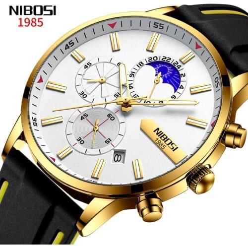 NIBOSI Business Men Calendar Moon Phase Three Eye Six Needle Chronograph Luminous Pointer Watch Silicone Strap Relogio Masculino