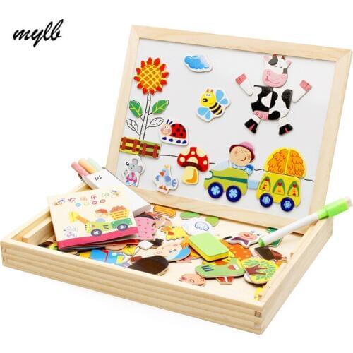 Mylb Educational Farm Jungle Animal Wooden Magnetic Puzzle Toys for Children Kids Jigsaw Babys Drawing Easel Board