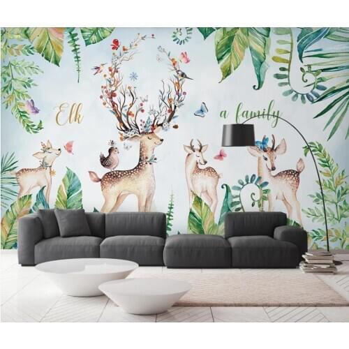 Kids Bedroom Wallpaper 3D Tropical Leaf Deer Wall Mura Custom Photo Wall Papers Roll Children Room Waterproof Contact Paper