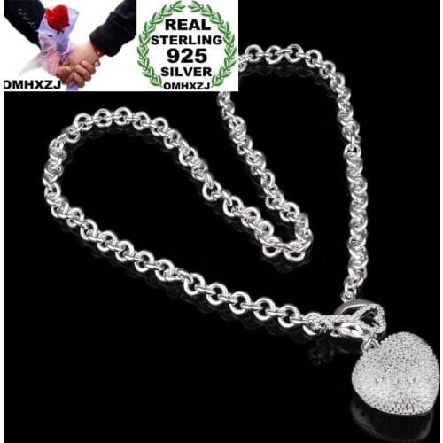 OMHXZJ Wholesale Personality Fashion OL Woman Girl Party Wedding Gift Silver Heart 925 Sterling Silver Necklace NC38