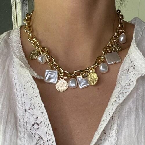 Baroque Irregular Square Pearl Coin Pendant Necklace Womens Collar Necklace Back Chain Neck Jewelry Bohemia 2021
