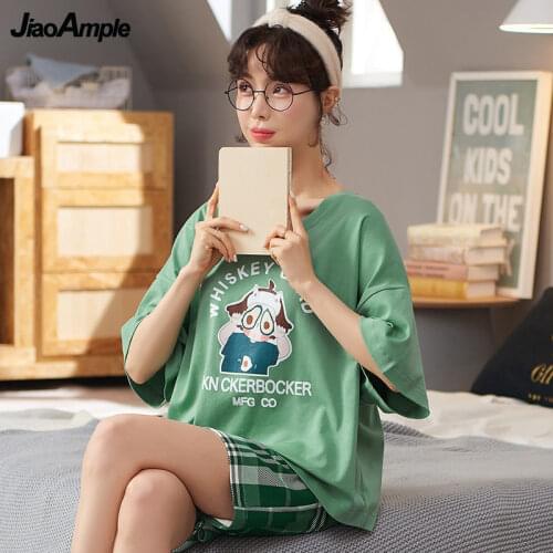 Pajamas Women Summer Plus Size Short-Sleeved Shorts Sleepwear 2 Piece Suit 2021 New Sweet Cute Nightie Girl Cartoon Home Clothes