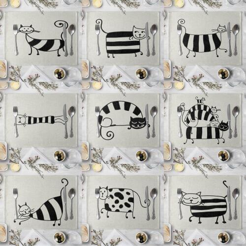 Cute Cat Pattern Placemat Dining Table Mats Black White Linen Drink Coaster Western Pad Cup Mat Home Decor