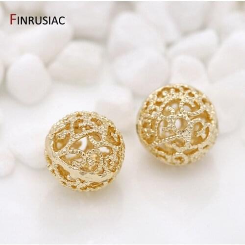 14k Gold Plated Brass Metal 10mm Round Ball Spacer Beads Hollow Flower Pattern Ball Beads For DIY Jewellery Making Accessories