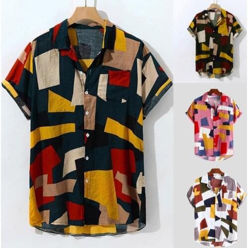 Plus Size Hawaiian Shirts Men Ethinic Print Short Sleeve Shirts for Men Cotton Blend Casual Lapel Shirts Men Tops Mens Clothing
