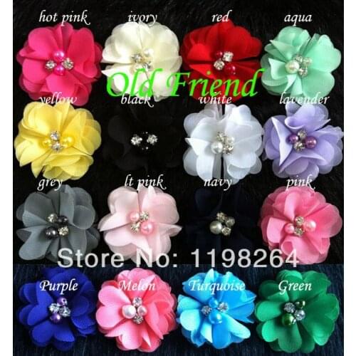 2" Chiffon Flower With Rhinestone Pearl Center &Hand Sewn Rhineston Pearl chiffon flower 48pcs/lot 16 color Free Shipping