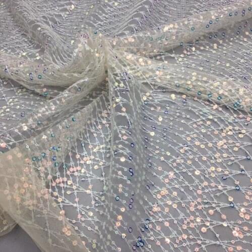 5yards/pc) Newest cream color African tulle lace shining sequins French net lace fabric with embroidery for party dress FSS335