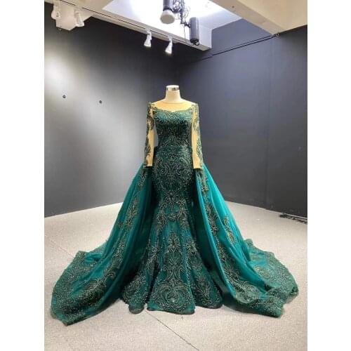 Long Sleeves Lace Beaded Formal Prom Dress Women Detachable Train Islamic Dubai Saudi Arabic Muslim Mermaid Hijab Evening Dress