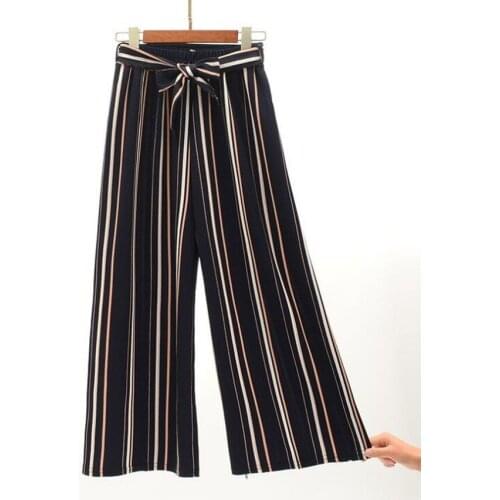 2021 Spring Summer Women Striped High Waist Loose Wide Leg Pants Casual Straight Ankle-Length Girls Long Trousers Home Wear