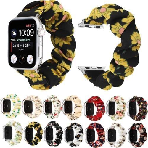 Floral Scrunchie Bracelet For Apple Watch Band 40/44mm 38/40mm Women Flower Elastic Fabric Watchband For iWatch Series 5 4 3 2 1