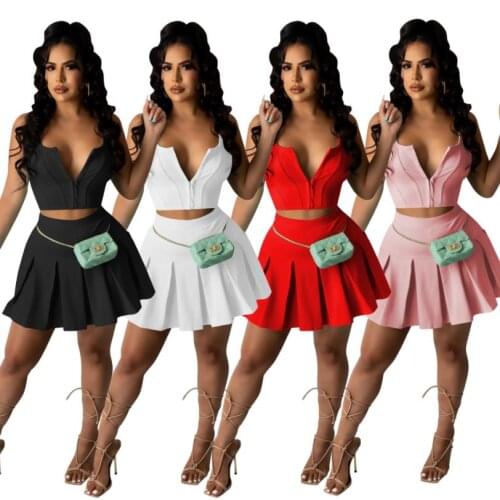2021 New Style Women Casual Sets Ladies Sleeveless Shirt Suit Ruffle Summer Tank Tops High Waist Slimming Skirt Sportwear