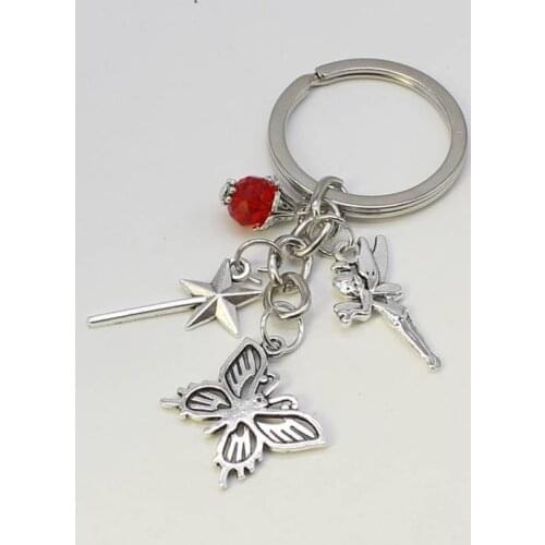 1 butterfly keychain, red bead metal accessory keychain, fairy tale magic wand pendant car keychain gift jewelry
