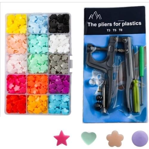 150set/box Flower Star Heart Shape T5 baby Resin snap buttons With plastic snaps Plier Press Stud Fasteners Poppers Tool Kit
