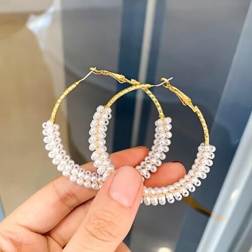 2020 New Korea Fashion 50mm Big Round Loop Circle Earring Delicate and shiny New Pearl Gold-color Flower Cut Loop Earrings